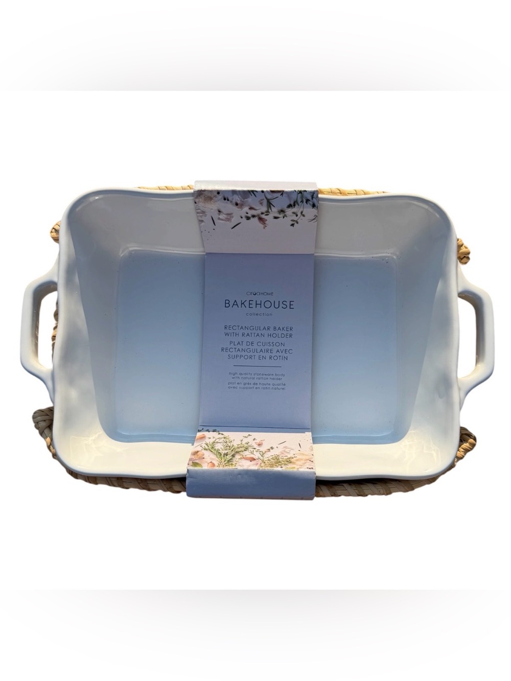 Ciroa White Ceramic Rectangular Baker with Rattan Holder